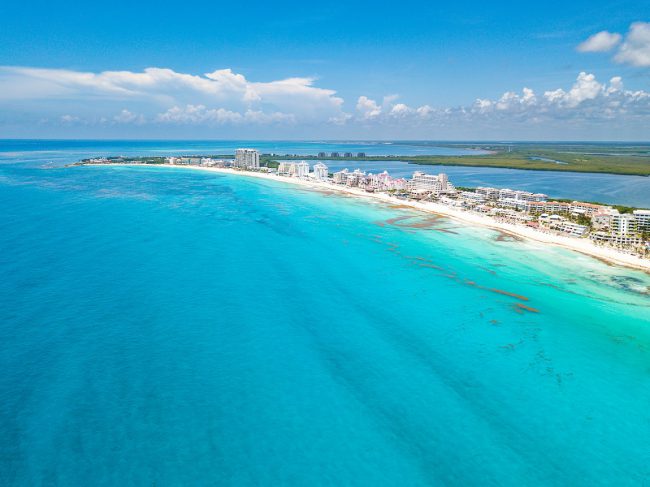 Cancun beach aerial view at Playa Delfines